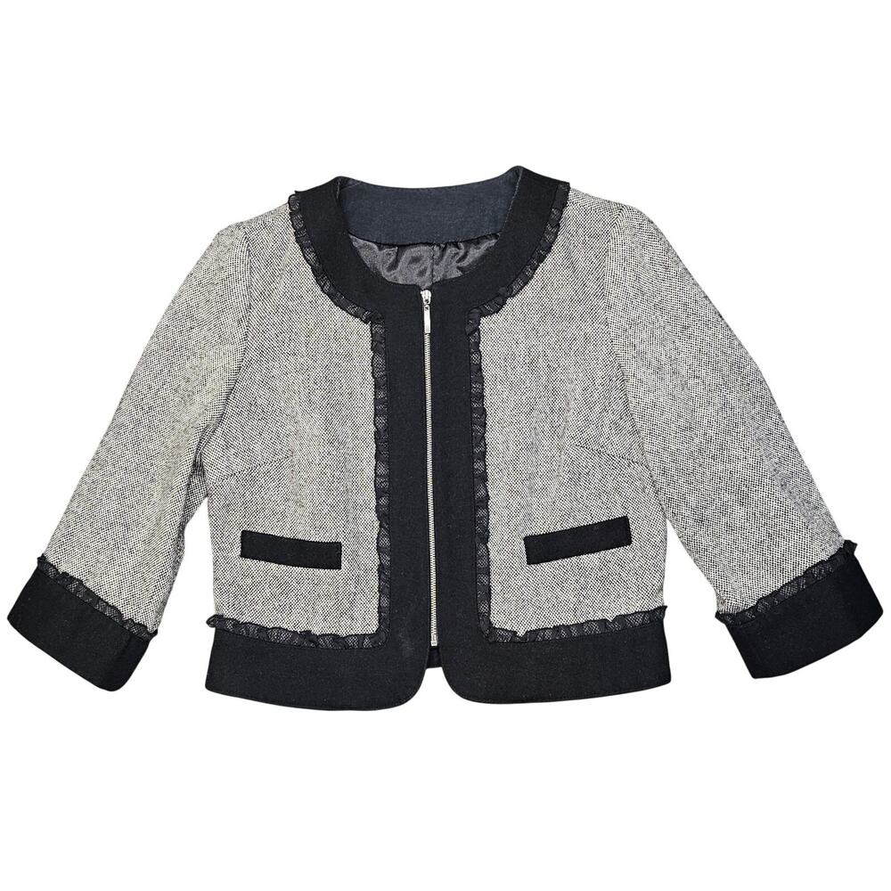 ZARA WOMEN’S TEXTURED WOOL‑BLEND GRAY JACKET – SIZE M – BLACK LACE DETAIL